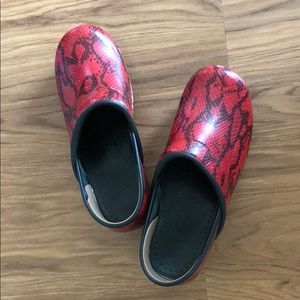 Dansko red snake print clogs